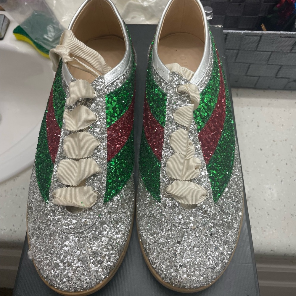 Gucci Silver, Green, and Red Glitter Sneakers
